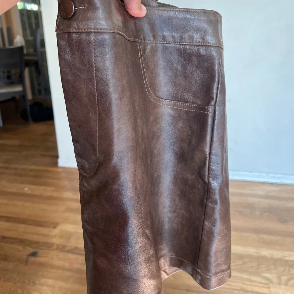 Cider Brown Faux Leather Mini Skirt Distressed A-Line Pockets XL